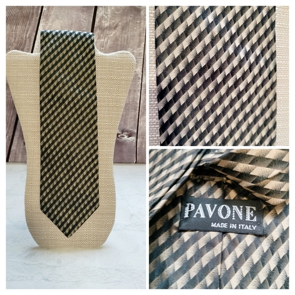 Pavone Black Taupe Men's Silk Tie Necktie Stripe Checks Made in Italy Formal - Picture 1 of 11